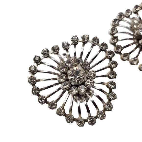 Vintage 60s Rhinestone Clip Earrings Crystal Sunburst Heart Riveted Silver Tone - Picture 2 of 9